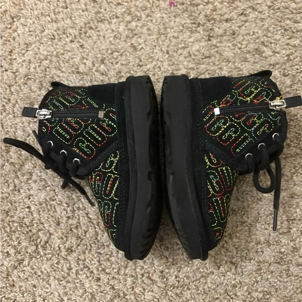 UGG Black Kids Lace-Up Boots with Multicolor Logo Stitching